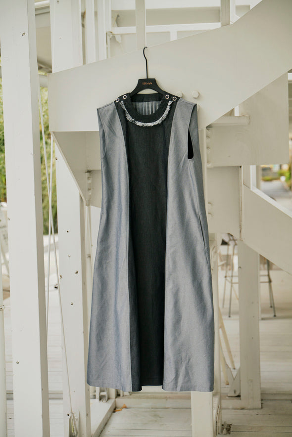 COLOR SCHEME DENIM PLEATS DRESS